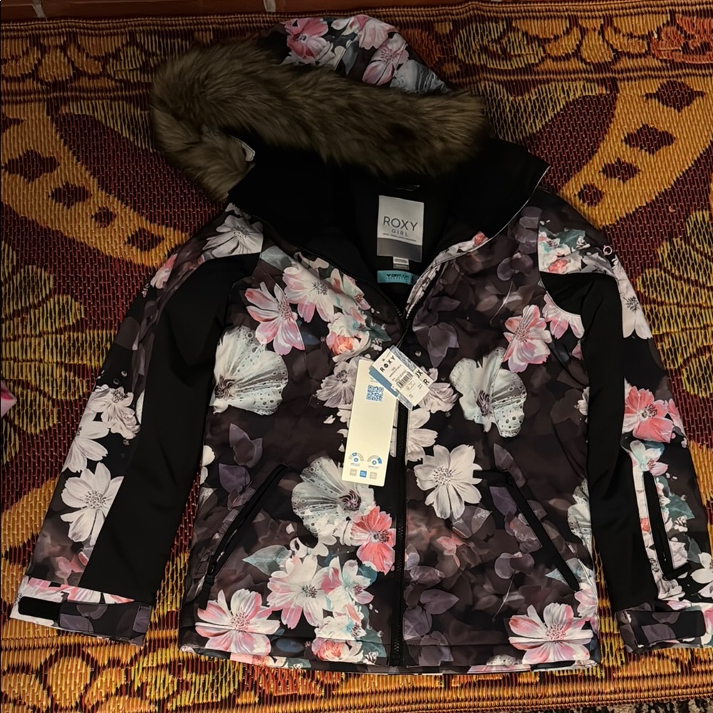 Roxy Floral Puffer Jacket - Black and Pink